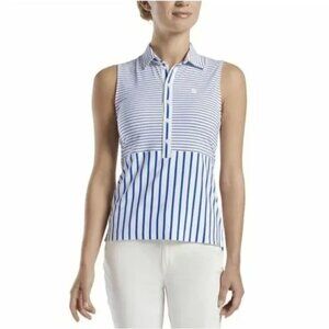 NEW Women's GFORE Stripe Sleveless Golf Short Sleeve Tee Snow Cobalt size XL